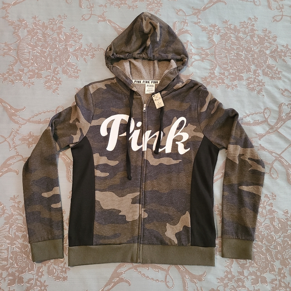 Victoria's Secret PINK Full Zip Fleece Hoodie Green Camo Size Small